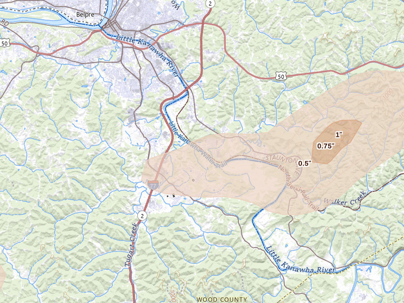 Radar-estimated hail-size map of the storm over Parkersburg, WV on Aug 22, 2026
