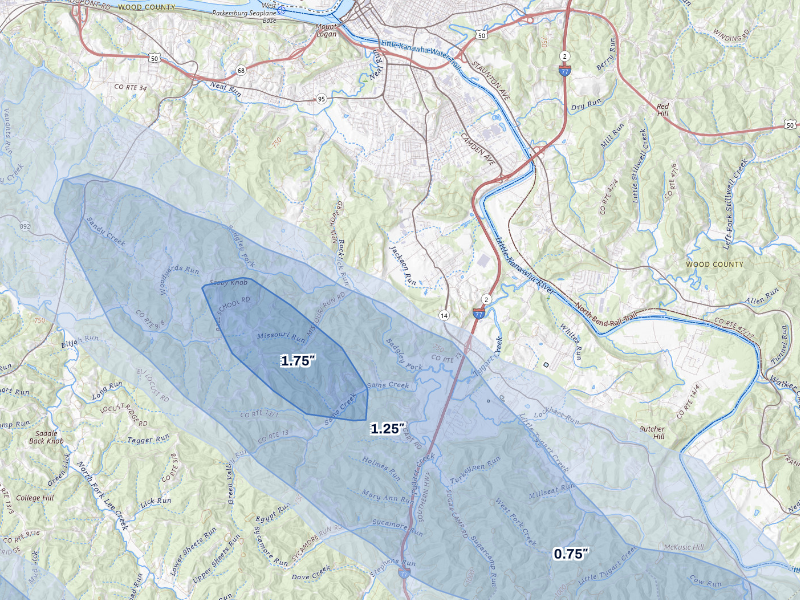 NEXRAD radar-signature map of the hail storm over Parkersburg, WV on Sep 4, 2026