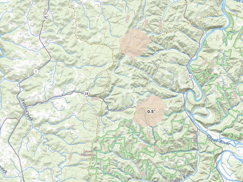 Radar-estimated hail-size map of the storm over Parsons, WV
