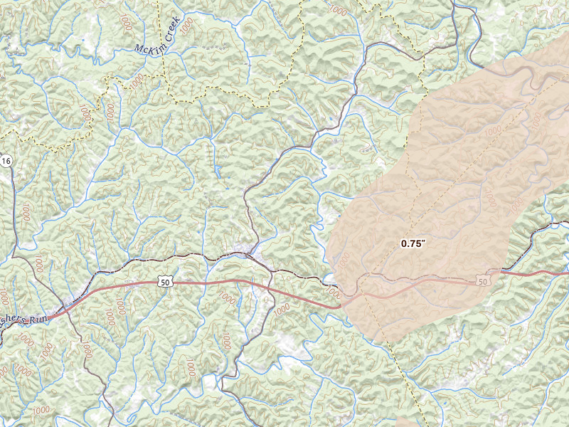 Radar-estimated hail-size map of the storm over Pennsboro, WV on Jul 4, 2026