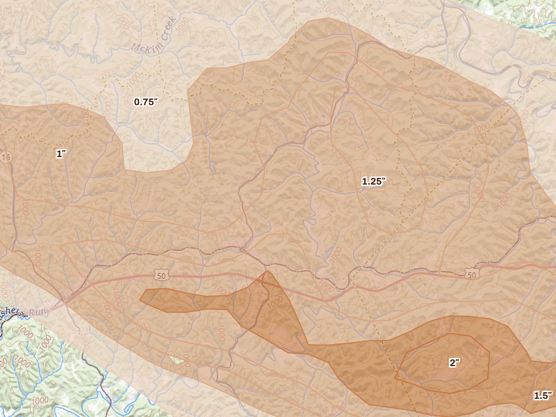 Radar-estimated hail-size map of the storm over Pennsboro, WV on Jul 21, 2026