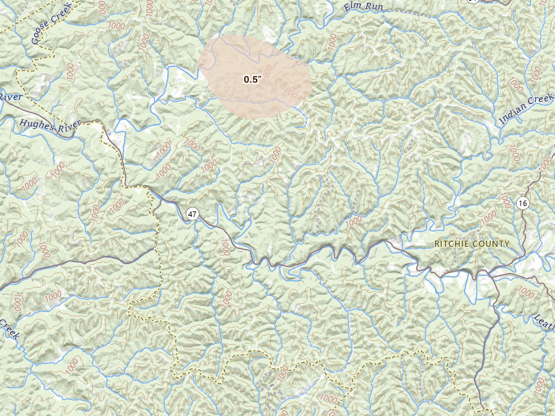 Radar-estimated hail-size map of the storm over Petroleum, WV on Jul 21, 2026