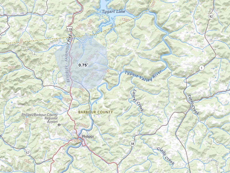 NEXRAD radar-signature map of the hail over Philippi, WV