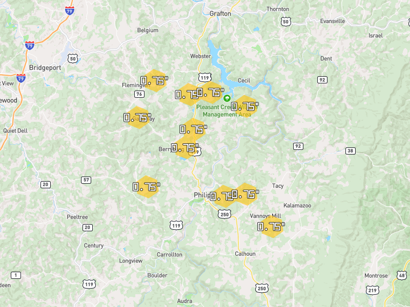 Hail map of Philippi, WV on Jul 21, 2026, hail up to 0.75"