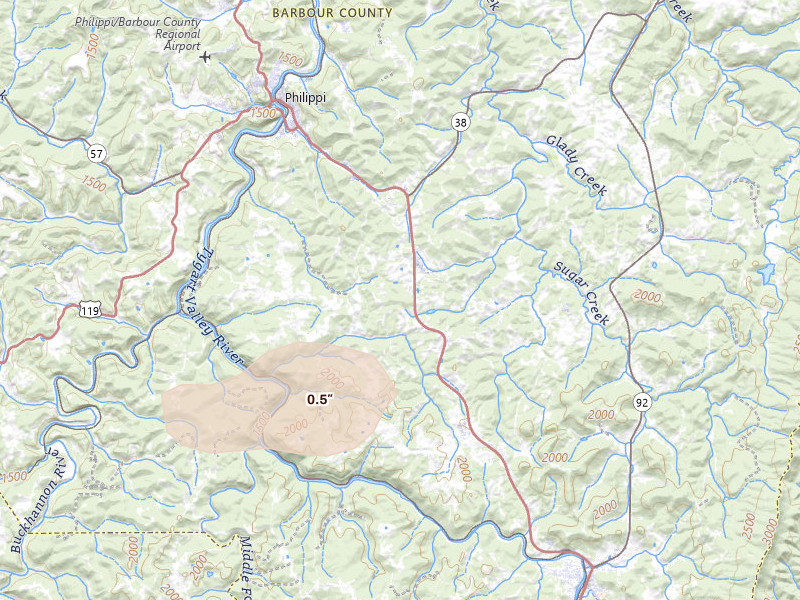 Radar-estimated hail-size map of the storm over Philippi, WV on Aug 10, 2026