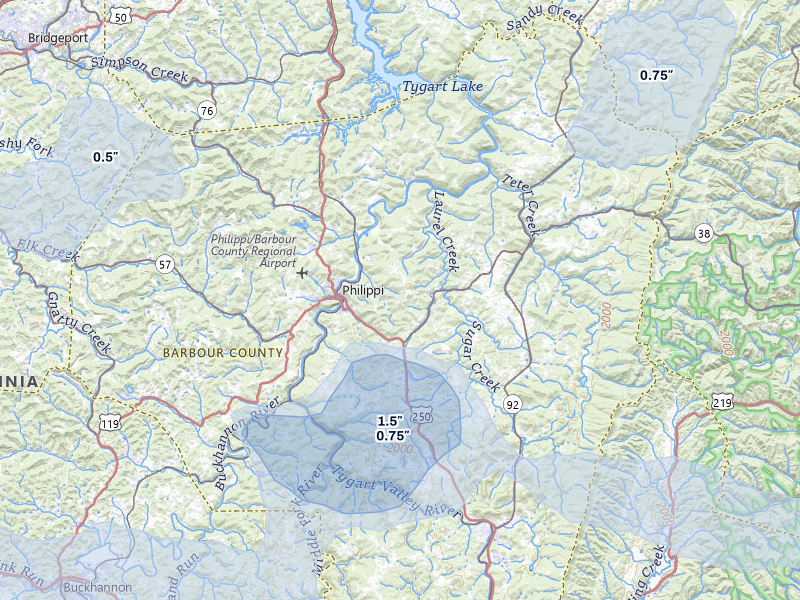 NEXRAD radar-signature map of the hail storm over Philippi, WV on Aug 10, 2026