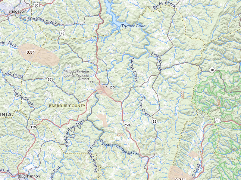 Radar-estimated hail-size map of the storm over Philippi, WV on Sep 3, 2026