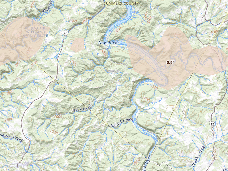 Radar-estimated hail-size map of the storm over Pipestem, WV on Apr 1, 2026