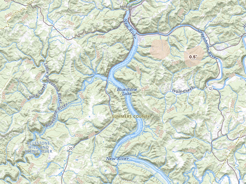 Radar-estimated hail-size map of the storm over Pipestem, WV on Aug 22, 2026