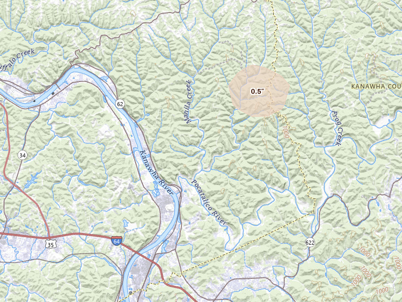 Radar-estimated hail-size map of the storm over Poca, WV on Jul 6, 2026