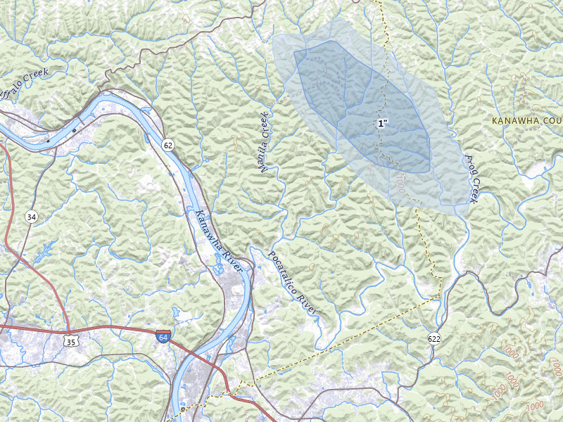 NEXRAD radar-signature map of the hail storm over Poca, WV on Jul 6, 2026