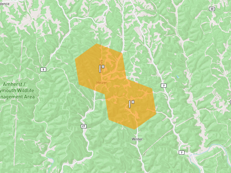 Hail map of Poca, WV on Jul 6, 2026, hail up to 1"