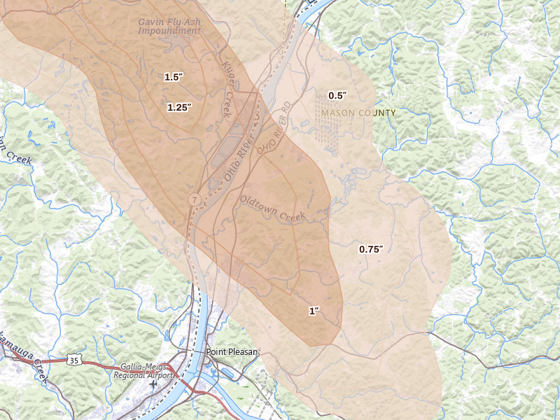 Radar-estimated hail-size map of the storm over Point Pleasant, WV on Aug 10, 2026