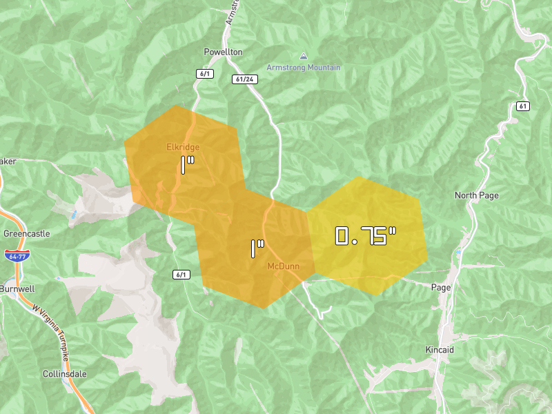 Hail map of Powellton, WV on Jul 22, 2026, hail up to 1"