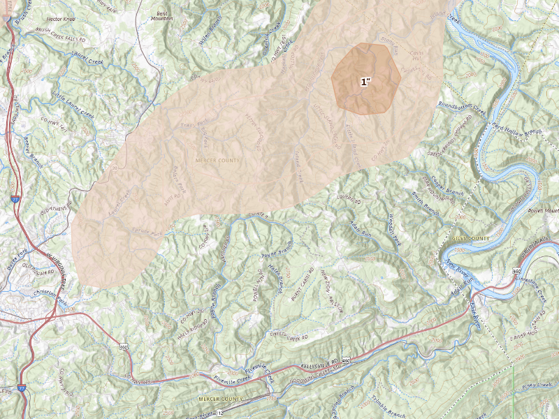 Radar-estimated hail-size map of the storm over Princeton, WV