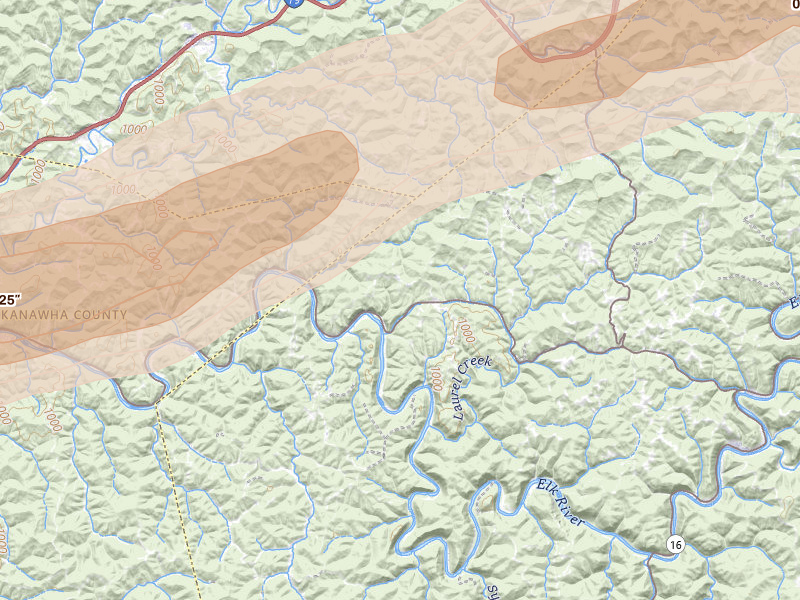 Radar-estimated hail-size map of the storm over Procious, WV on May 20, 2026