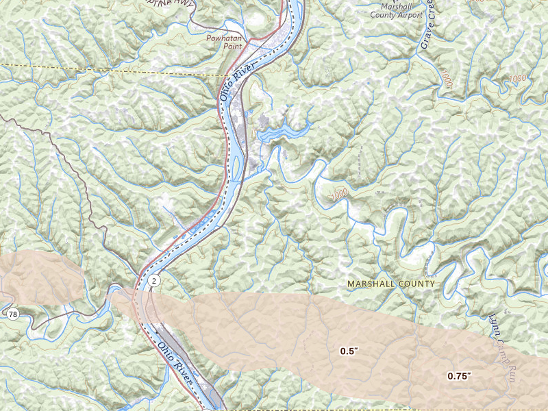 Radar-estimated hail-size map of the storm over Proctor, WV on Apr 1, 2026