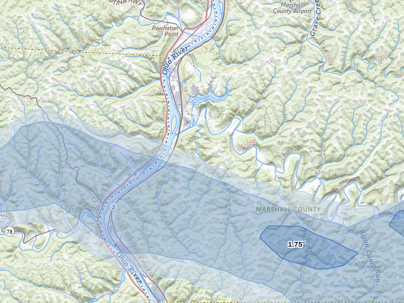 NEXRAD radar-signature map of the hail storm over Proctor, WV on Apr 1, 2026