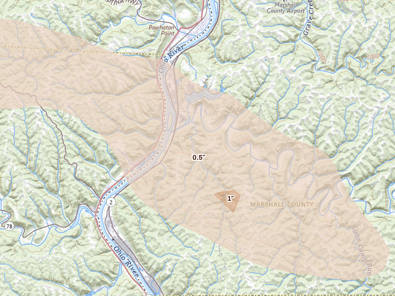 Radar-estimated hail-size map of the storm over Proctor, WV on Jun 6, 2026