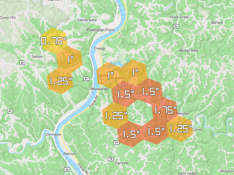 Hail map of Proctor, WV on Jun 6, 2026, hail up to 1.75"