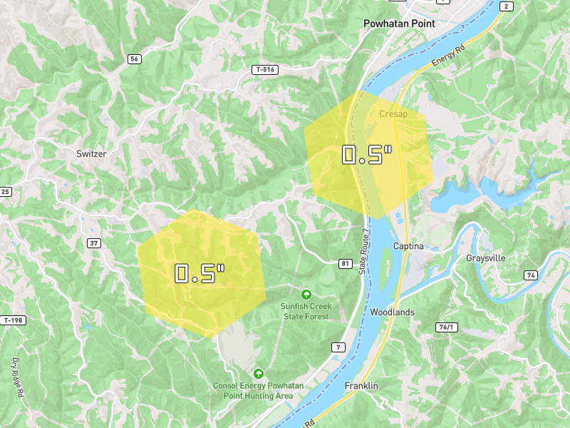 Hail map of Proctor, WV on Jun 7, 2026, hail up to 0.5"