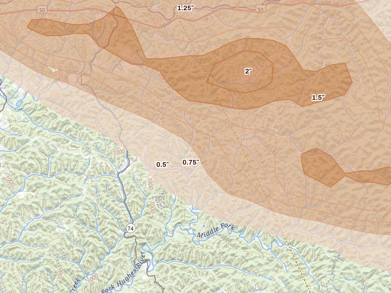 Radar-estimated hail-size map of the storm over Pullman, WV on Jul 21, 2026