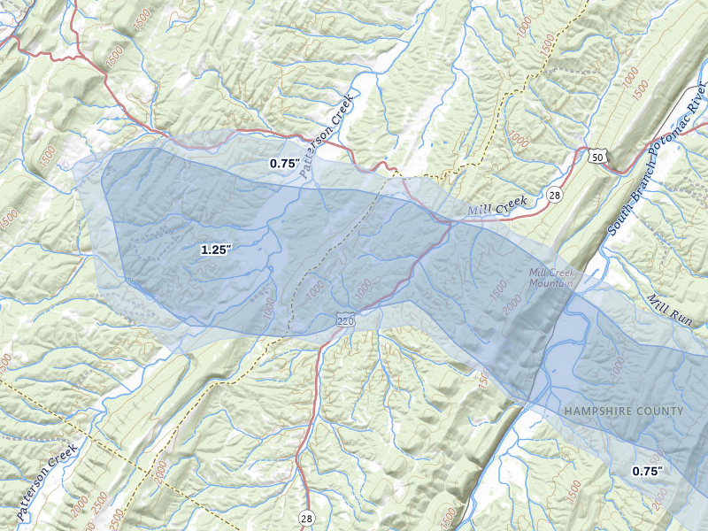 NEXRAD radar-signature map of the hail over Purgitsville, WV