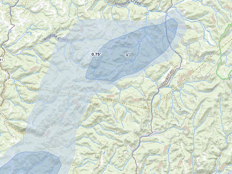 NEXRAD radar-signature map of the hail over Quinwood, WV