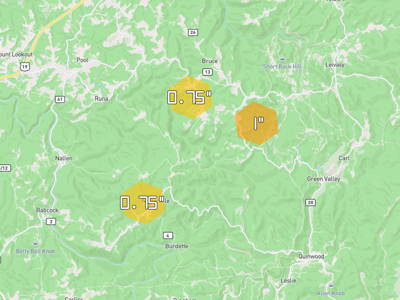 Hail map of Quinwood, WV on Jul 4, 2026, hail up to 1"