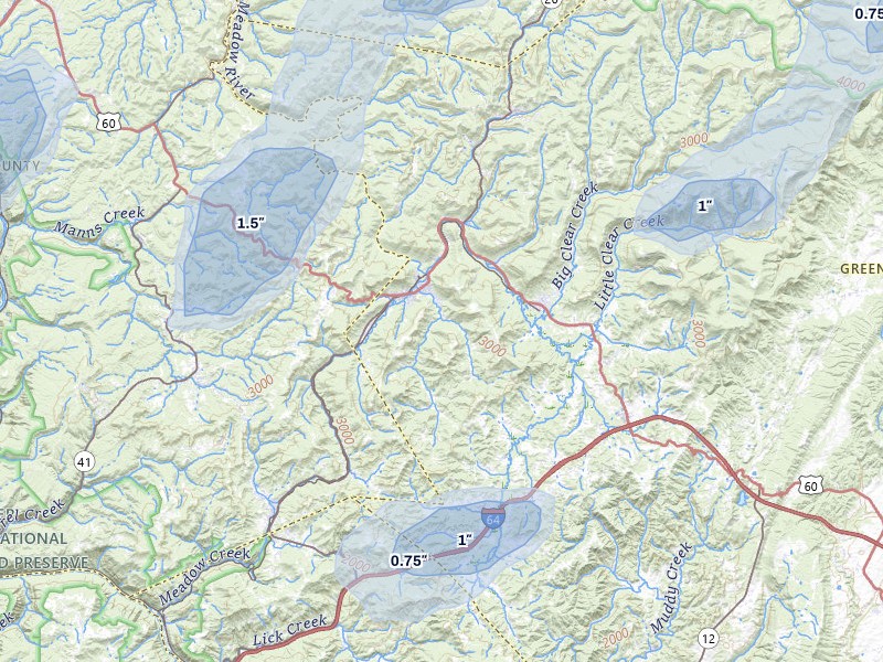 NEXRAD radar-signature map of the hail over Rainelle, WV