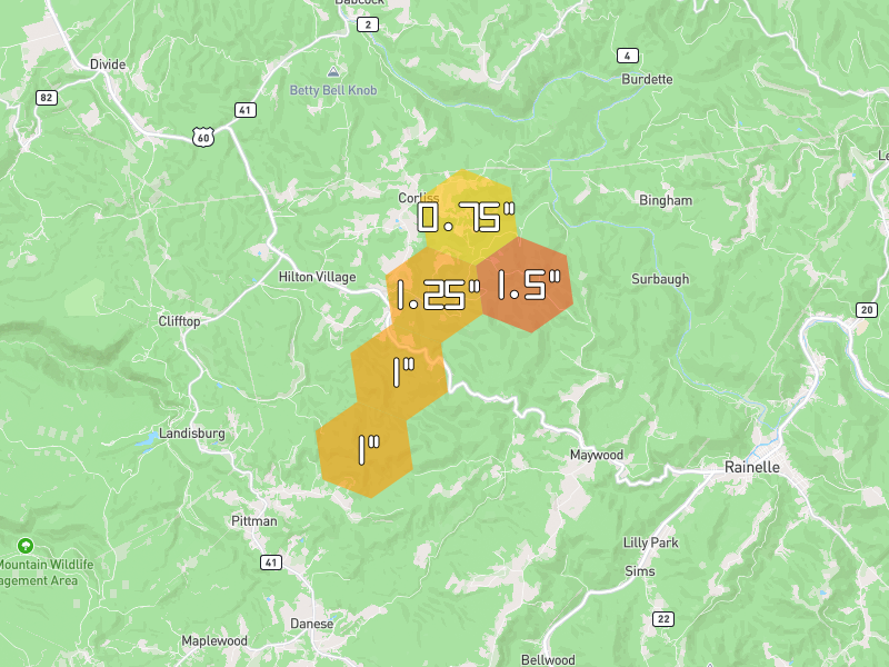 Hail map of Rainelle, WV on Jul 4, 2026, hail up to 1.5"