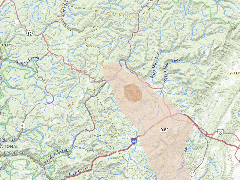 Radar-estimated hail-size map of the storm over Rainelle, WV on Jul 28, 2026