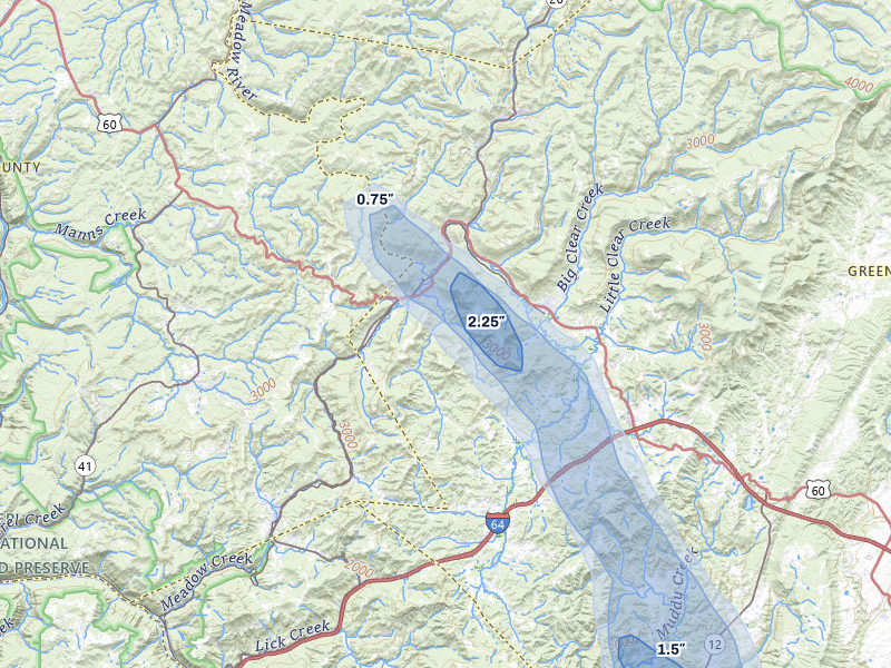 NEXRAD radar-signature map of the hail storm over Rainelle, WV on Jul 28, 2026
