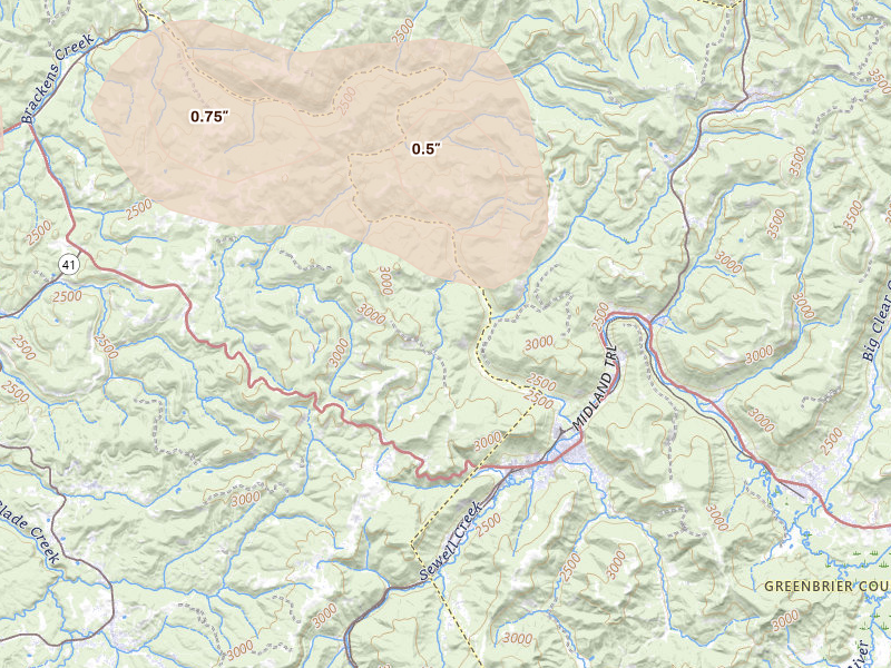 Radar-estimated hail-size map of the storm over Rainelle, WV on Aug 10, 2026