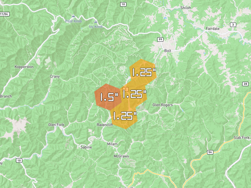 Hail map of Ravencliff, WV on Jul 4, 2026, hail up to 1.5"