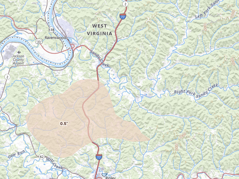 Radar-estimated hail-size map of the storm over Ravenswood, WV on Aug 10, 2026