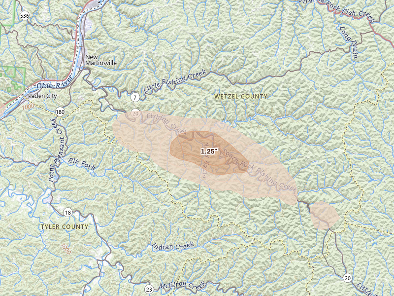 Radar-estimated hail-size map of the storm over Reader, WV on May 27, 2026