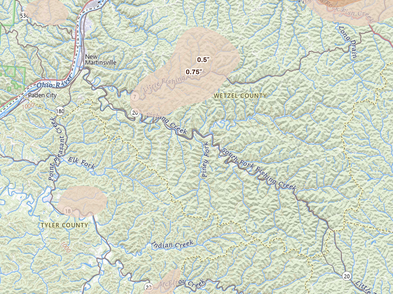 Radar-estimated hail-size map of the storm over Reader, WV on Jul 4, 2026