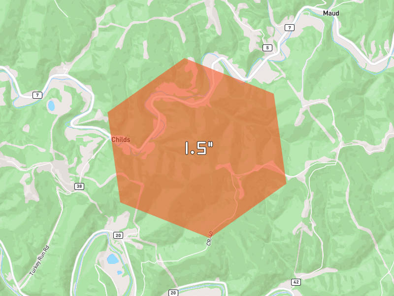 Hail map of Reader, WV on Jul 4, 2026, hail up to 1.5"