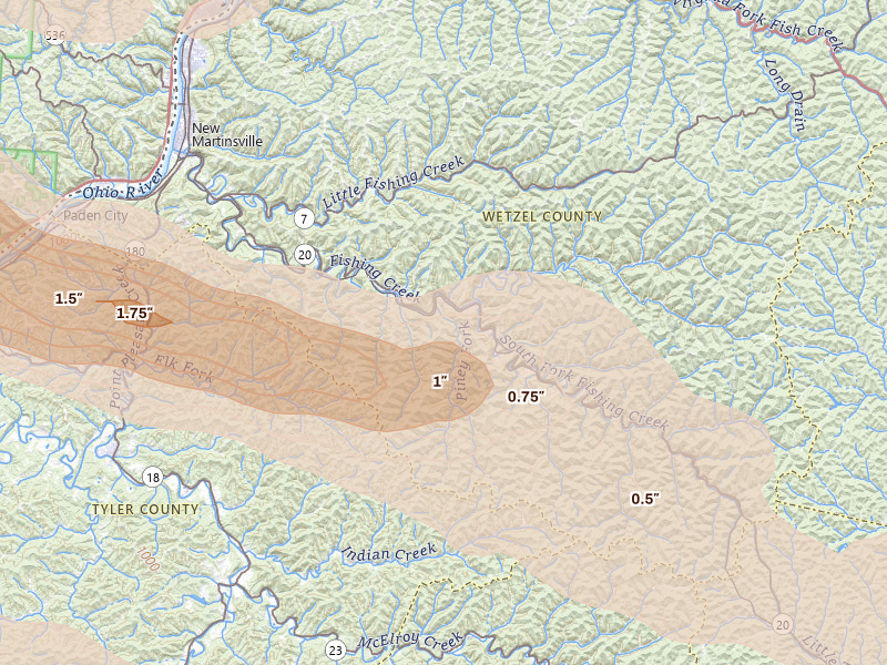 Radar-estimated hail-size map of the storm over Reader, WV on Jul 21, 2026