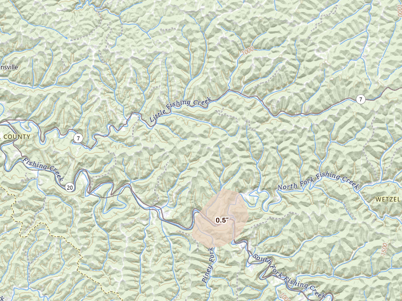 Radar-estimated hail-size map of the storm over Reader, WV on Aug 22, 2026