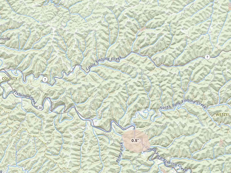 Radar-estimated hail-size map of the storm over Reader, WV on Aug 27, 2026