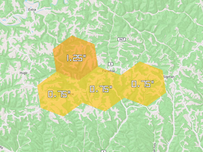 Hail map of Red House, WV on Jul 5, 2026, hail up to 1.25"