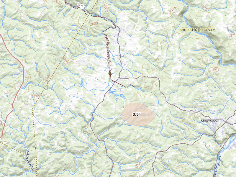 Radar-estimated hail-size map of the storm over Reedsville, WV on Aug 27, 2026