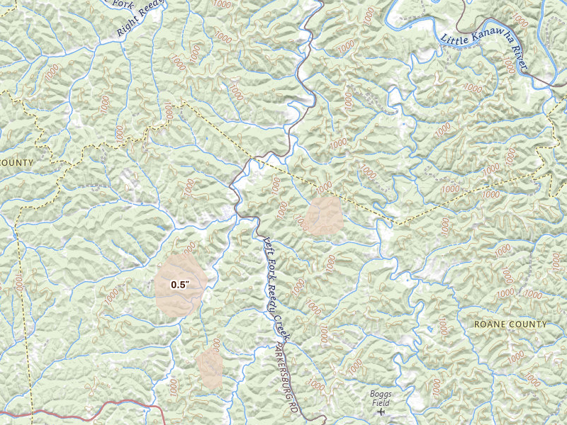Radar-estimated hail-size map of the storm over Reedy, WV on Aug 7, 2026