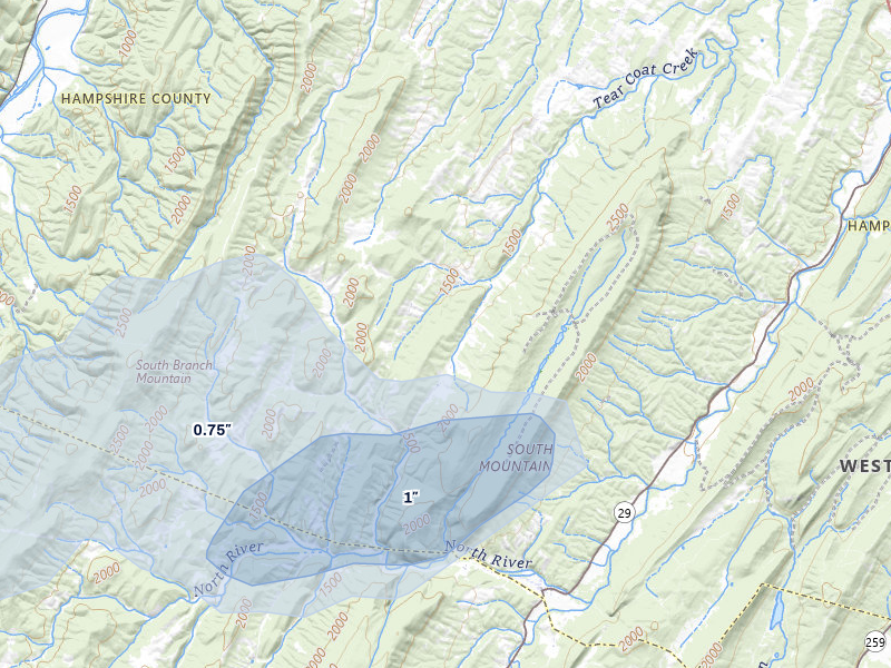 NEXRAD radar-signature map of the hail over Rio, WV