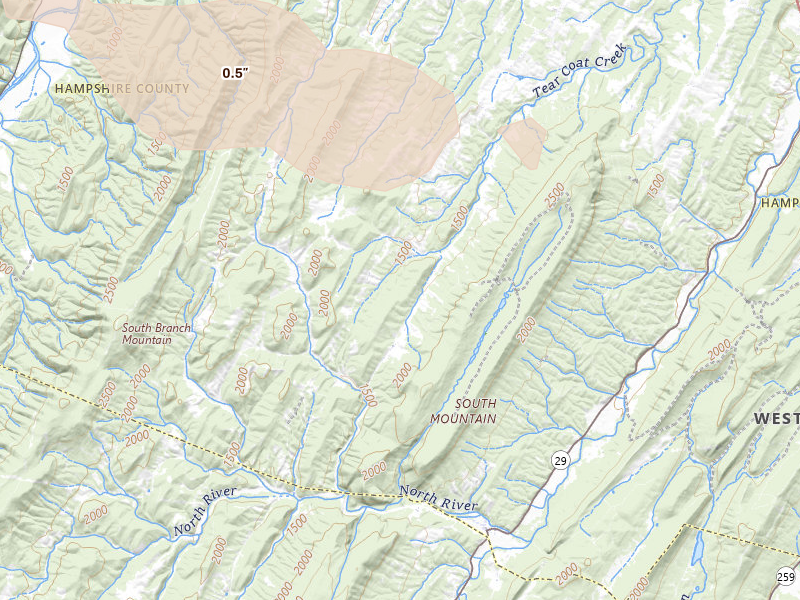 Radar-estimated hail-size map of the storm over Rio, WV on Jul 21, 2026