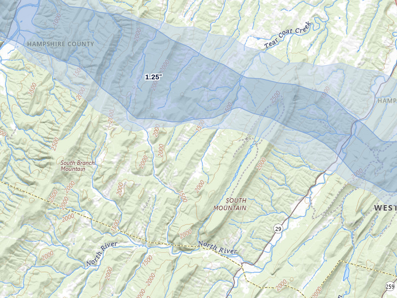 NEXRAD radar-signature map of the hail over Rio, WV