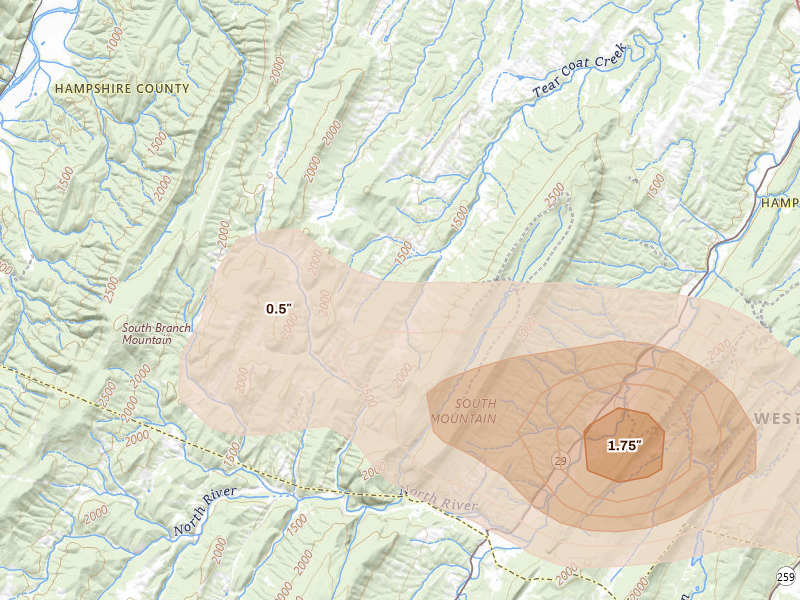 Radar-estimated hail-size map of the storm over Rio, WV on Aug 22, 2026