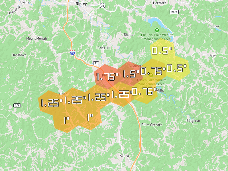 Hail map of Ripley, WV on Jul 5, 2026, hail up to 1.75"